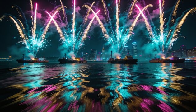 Launching centered fireworks display bursting over harbor at night, with barges, vivid reflections