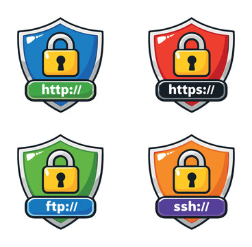 Showing four security shields with padlocks labeled HTTP, HTTPS, FTP, and SSH, illustrating protected internet data and secure connections