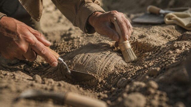 Close-up of an archaeologist using a brush and trowel to carefully uncover an ancient artifact or pottery from the dry soil at an excavation site.