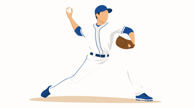 A faceless baseball pitcher in a white and blue uniform shown in a full wind-up throwing pose as a flat vector illustration on a light background, ideal for sports team branding, baseball event promot