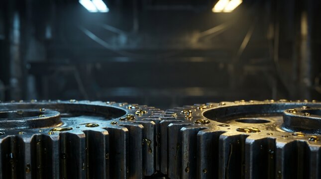 Large Industrial Metal Gears Meshing in Dark Factory Machinery Room