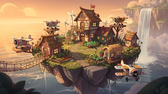 Cartoon floating island village biplanes with charming houses, windmills, and a waterfall, bathed in warm sunset light, a whimsical and adventurous landscape illustration.