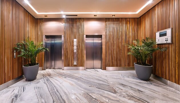 modern elevator lobby with wooden walls panels potted plants in grey pots warm lighting metal elevator doors marble floor contemporary interior design for office luxury building entrance