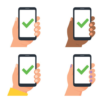 Hands of varied skin tones hold phones displaying a green checkmark, indicating successful updates and digital approval