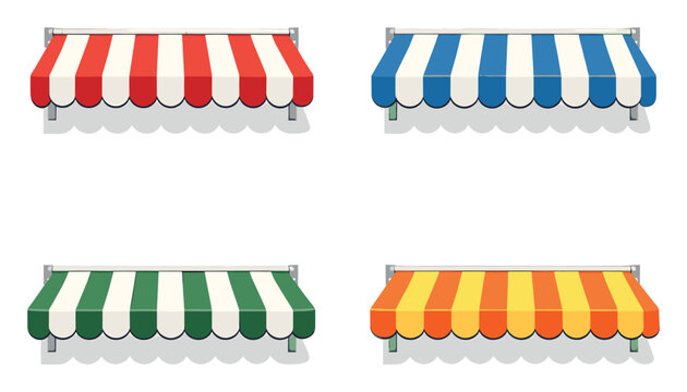 Colorful striped awnings with scalloped edges provide sun protection for commercial buildings and outdoor areas