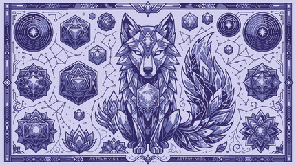A wolf with feathered tail illustrated among geometric patterns and floral designs