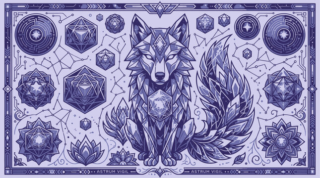 A wolf with feathered tail illustrated among geometric patterns and floral designs