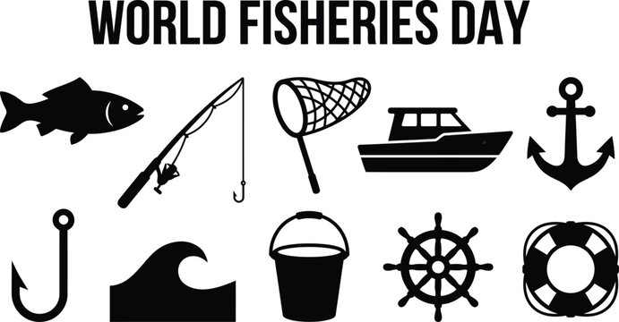 World fisheries day vector icon set with fishing symbols and boat