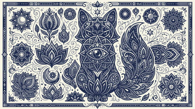 An intricate illustration of a wolf surrounded by floral patterns and geometric shapes.