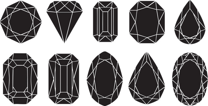 Black and white faceted geometric gemstone shapes isolated on white background gemstones