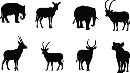 African wildlife silhouettes collection, elephant rhino antelope buffalo outline, wild animal vector illustration, safari nature design, jungle creature graphic set © Moksedul  Creative