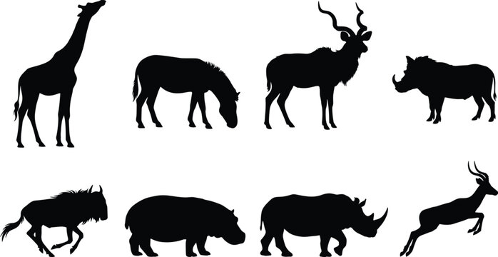 African safari animals vector silhouette set featuring giraffe zebra kudu warthog wildebeest hippopotamus rhinoceros and antelope icons for wildlife design