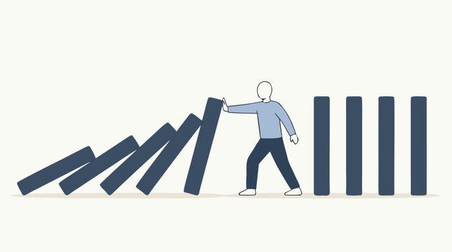 A clean flat vector illustration of a minimalist outline figure pushing back against a tumbling line of dominoes to stop the chain reaction, ideal for leadership, prevention, and business strategy con