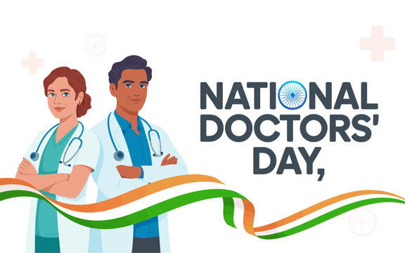 India National Doctors' Day corporate banner with flat illustration of multicultural medical team and tricolor ribbon waves