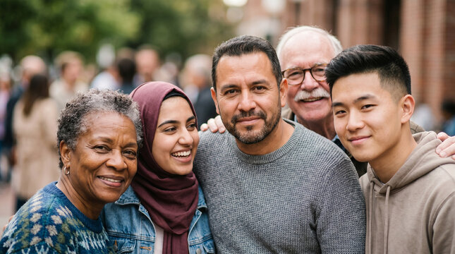 Close up portrait of highly diverse group of people smiling warmly outdoors, showing unity and happiness in casual setting