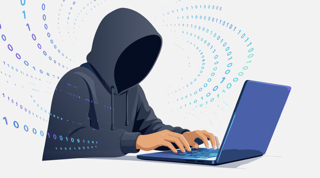 A clean flat vector illustration of a faceless hooded figure at a laptop with binary code streams swirling around, ideal for cybersecurity, hacking, anonymous online activity, and technology concepts.