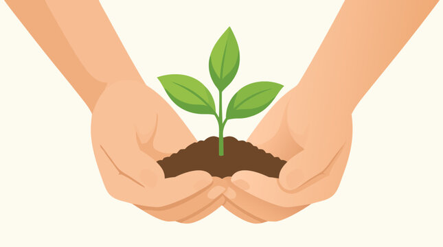 A clean flat vector illustration of two cupped hands holding a small green plant sprout with soil, ideal for environmental care, sustainability, and growth concepts.
