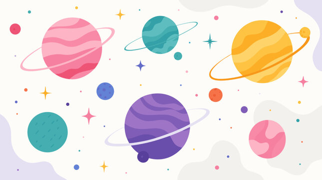 A clean flat vector illustration of colorful cartoon planets with rings and stars on a pastel cream background, ideal for astronomy education, space science, and outer space concepts.