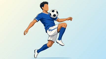 Fototapeta premium Faceless soccer player in blue uniform leaping to trap a ball against the chest on the pitch representing athletic football technique body control and game skill flat vector illustration