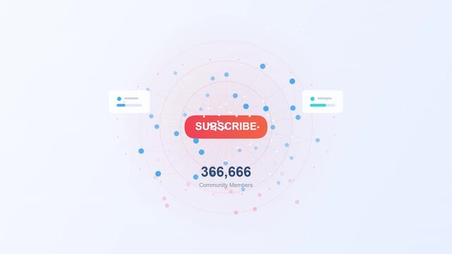 A vibrant red 'Subscribe' button with a digital counter displaying 366,666 appears central against a bright, minimalist background with scattered blue and pink particles
