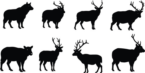 Wild deer and reindeer silhouettes, moose and elk animal vector collection, forest wildlife shapes, antler mammal silhouettes illustration, nature design © Moksedul  Creative