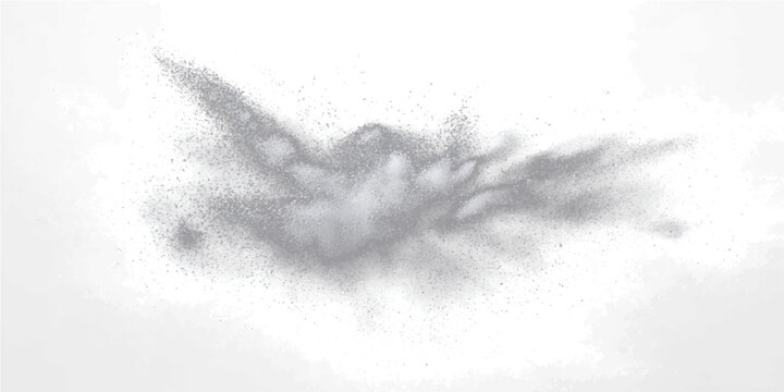 Explosion of fine grey dust particles, abstractly forming a wing-like shape against a stark white background, suggesting ephemeral movement and subtle energy.