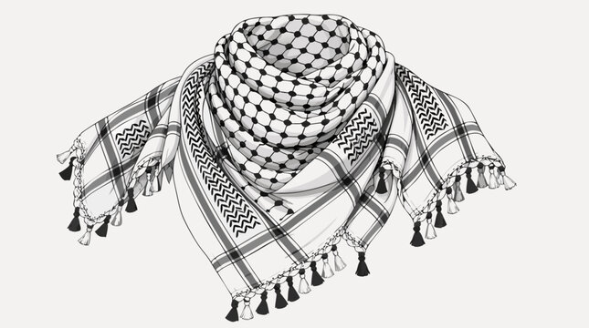 A clean flat vector illustration of a traditional black and white checkered keffiyeh shemagh scarf with tasseled fringe, ideal for Middle Eastern culture, fashion, and heritage designs.