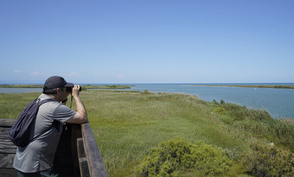 Man enjoying nature watching birds in delta del ebro