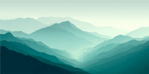 Naklejka premium Serene mountain range unfolds layers deep teal mist, evoking tranquility vast, unexplored wilderness.
