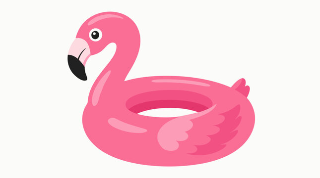 A clean flat vector illustration of a glossy inflatable pink flamingo pool float ring, perfect for summer vacation, poolside leisure, travel, and tropical lifestyle commercial designs.