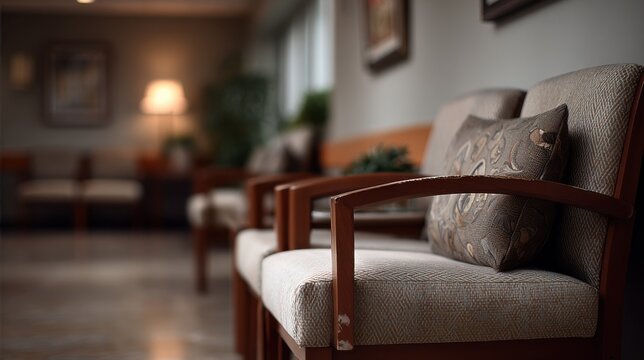 Focused view of a plush seating cluster where a small family quietly awaits outpatient surgery news subdued lighting casts soft shadows on outoffocus surrounding chairs.