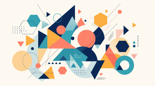 A clean flat vector illustration featuring overlapping colorful geometric shapes including triangles, circles, and hexagons in a bold Bauhaus-inspired style on a light cream background, ideal for mode
