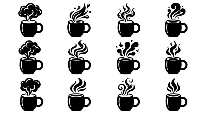 Black coffee cup icons with steam.