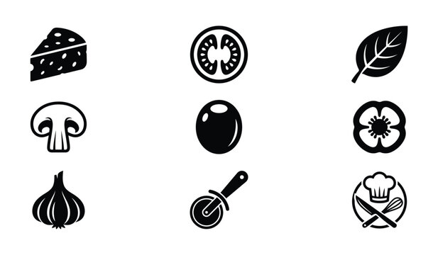 Pizza Ingredient Icons Collection Flat Black Silhouettes On White Background basil cheese culinary dough food garlic gourmet herb icon kitchen
