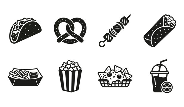 Street food icons collection black vector illustrations of tacos pretzels and other snack items taco tortilla filling mexican pretzel baked