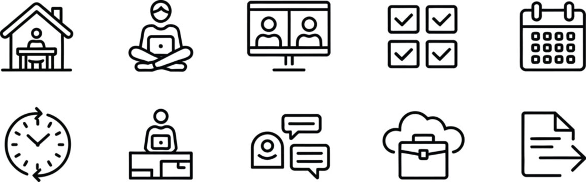 Remote Work and Freelancing Outline Icon Set with Laptop, Meeting, Task Management, Calendar, and Time Tracking