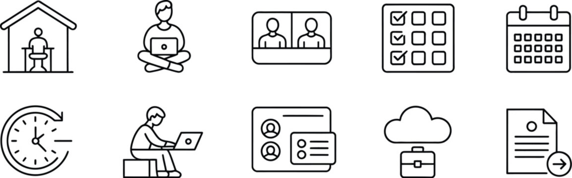 Remote Work and Freelancing Outline Icon Set with Laptop, Meeting, Task Management, Calendar, and Time Tracking