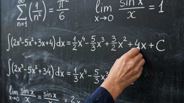 Hand writing math equations on chalkboard, complex formulas, educational background, mathematics lesson