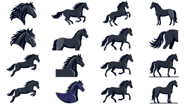 Black horse silhouettes in motion.
