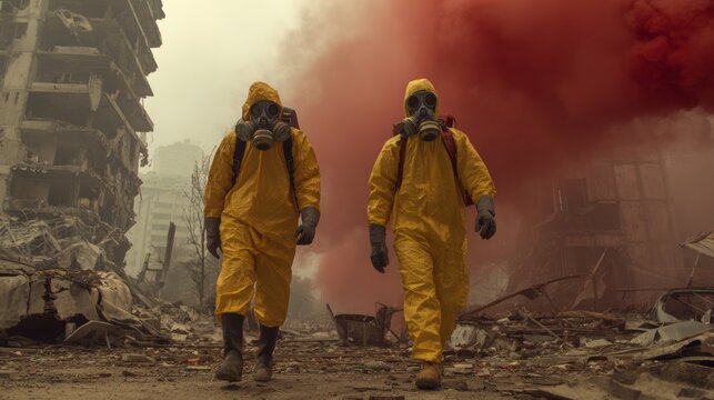 Men in radiation suits walking in a destroyed city