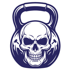 Fototapeta premium A dark blue of a human skull integrated into a heavy kettlebell, isolated on a white background, representing strength, fitness, and bodybuilding culture for gym branding t-shirt poster
