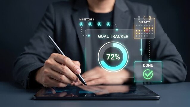 Business Man Uses Stylus on Tablet to Track Project Goals, Review Milestones, Monitor Completion Progress, Manage Due Dates, and Plan Task Schedules