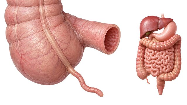 Normal Appendix Anatomy with Cecum and Digestive System Overview, Medical Atlas Illustration