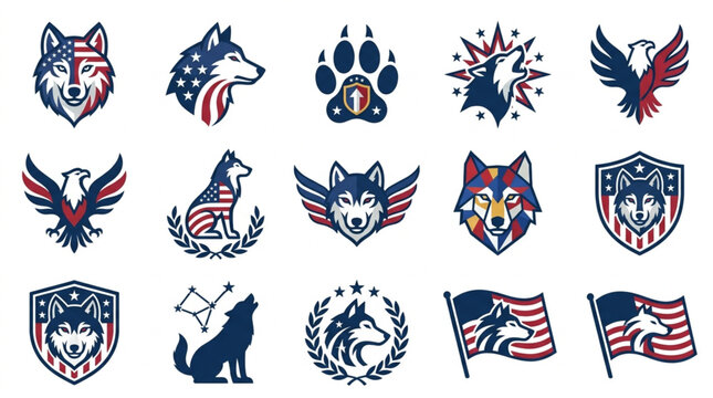 American wolf patriotic animal icons set.
