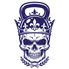 Fototapeta premium A dark blue of a human skull wearing a kettlebell shaped crown with fleur de lis symbols, featuring a laurel wreath and crossed bones at the bottom, isolated on white t-shirt poster