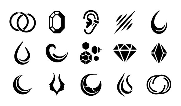 Modern abstract earrings symbol vector clipart set with minimalist clean outline jewelry boutique gemstone fashion and beauty logo graphics black and white