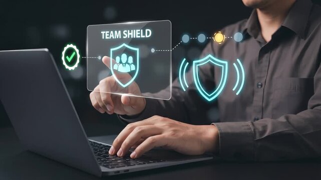 Business Man Works on Laptop at Dark Desk to Activate Team Protection, Verify Security Shield, Confirm Data Safety, and Strengthen Network Defense