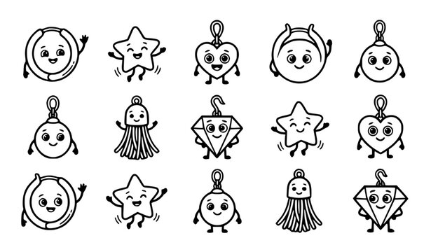 Cute kawaii earrings character vector set with funny cartoon hoop and stud jewelry line art for kids