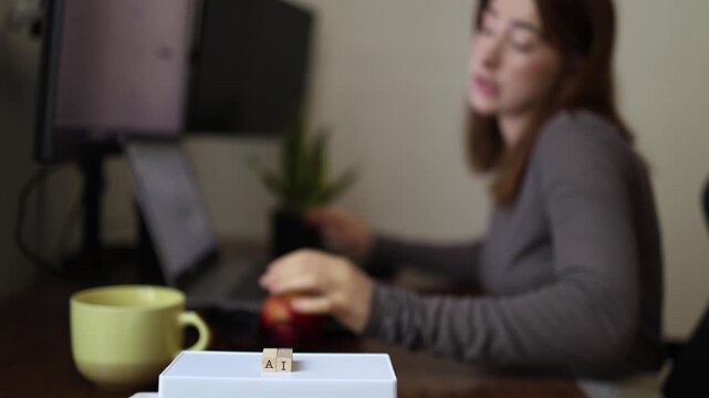 Artificial Intelligence takes over homework while carefree student relaxes eats an apple and lets AI handle school assignments instead of studying herself
