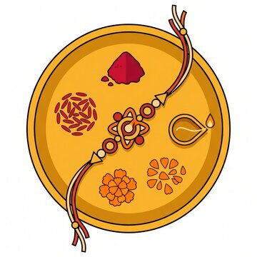 Rakhi thali flat lay with diya and rice for Raksha Bandhan celebration